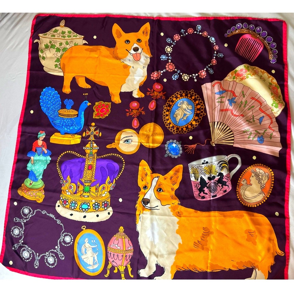 Karen Mabon Oh So Royal Silk Scarf Corgi Crown Jewels EPCOT UK Exc Purple Italy